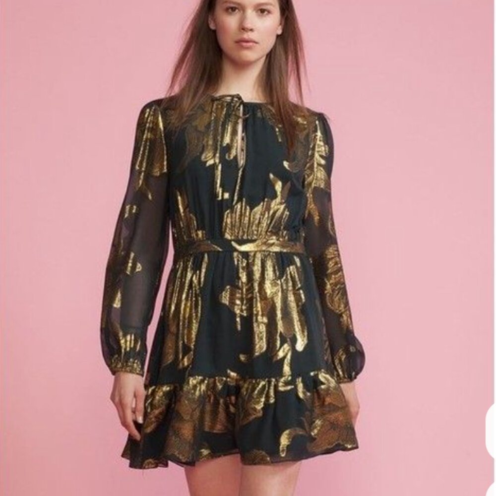 Cynthia Rowley Metallic Gold Print Long Sleeve Mini Dress